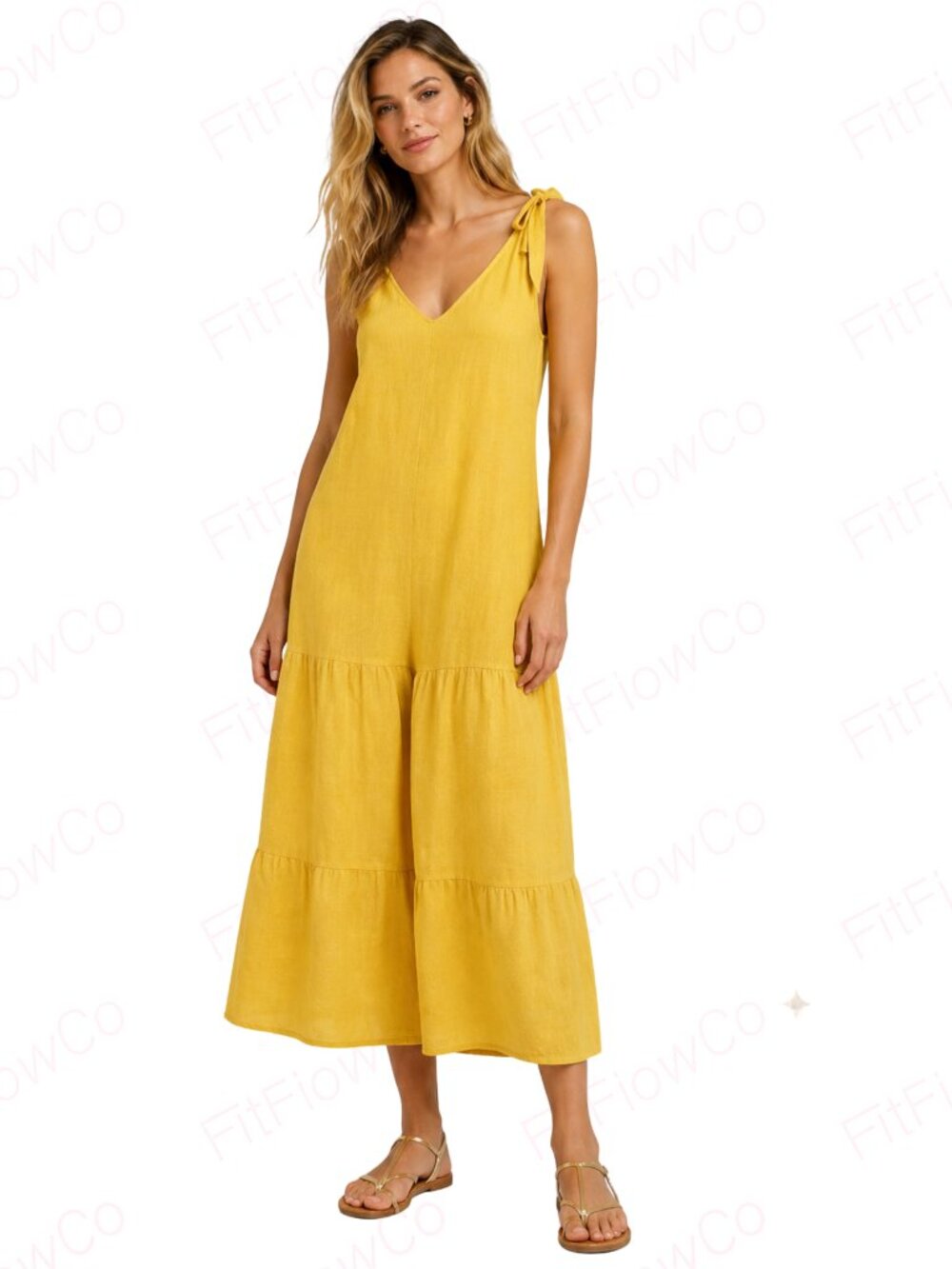 Made in Italy 100% Linen Yellow Tie Strap Wide Leg Jumpsuit One Size